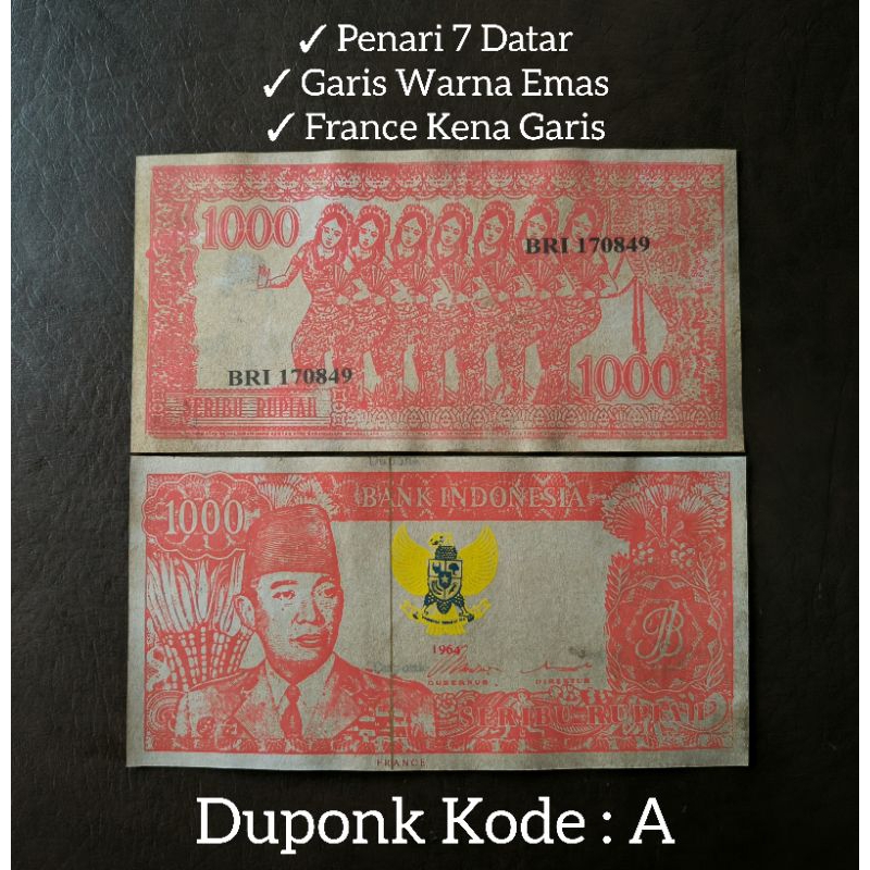 Uang souvenir 1.000 Soekarno melengkung 1964 gambar penari serimpi 7 datar souvenir 1000 Sukarno wat