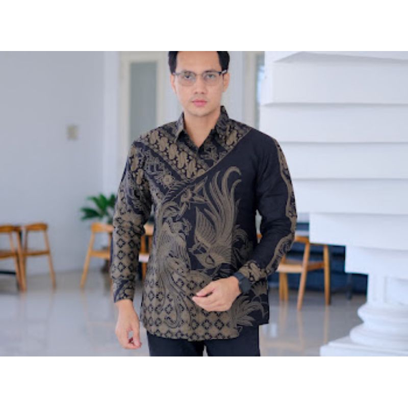 kemeja batik pria lengan panjang, Hem batik, atasan batik Motif merak kawung bahan katun premium ori