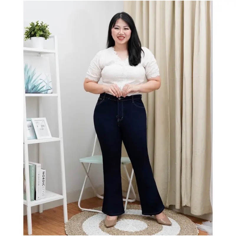 Celana Highwaist Cutbray Jeans Jumbo Wanita Big Size 35-42 tekini super jumbo