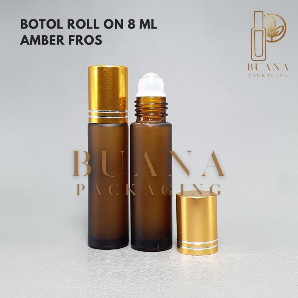 Botol Roll On 8 ml Amber Frossted Tutup Stainles Emas Shiny Bola Plastik Natural / Botol Roll On / Botol Kaca / Parfum Roll On / Botol Parfum / Botol Parfume Refill / Roll On 10 ml