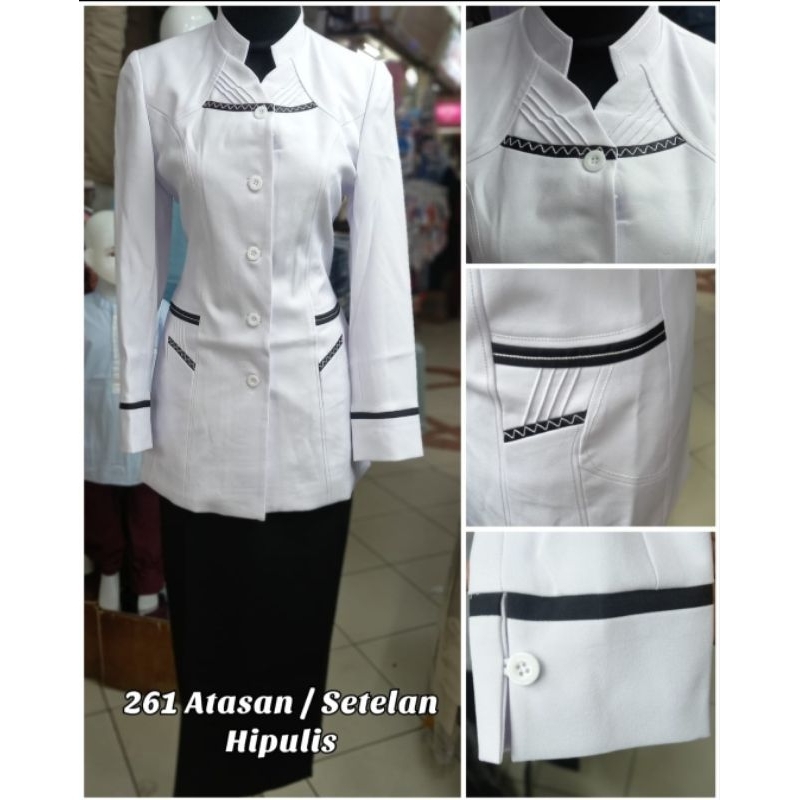 ATASAN/SET BAJU BLAZER SERAGAM KERJA KANTOR PUTIH LIS HITAM WANITA GURU KLINIK,RUMAH SAKIT,LAB