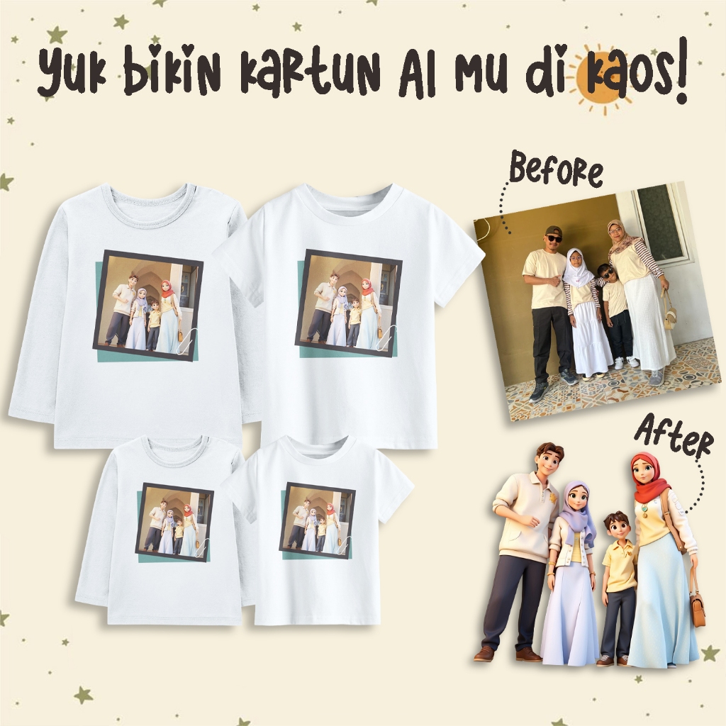 Kaos Custom Foto AI Kartun Sablon Depan Anak Dewasa Unisex