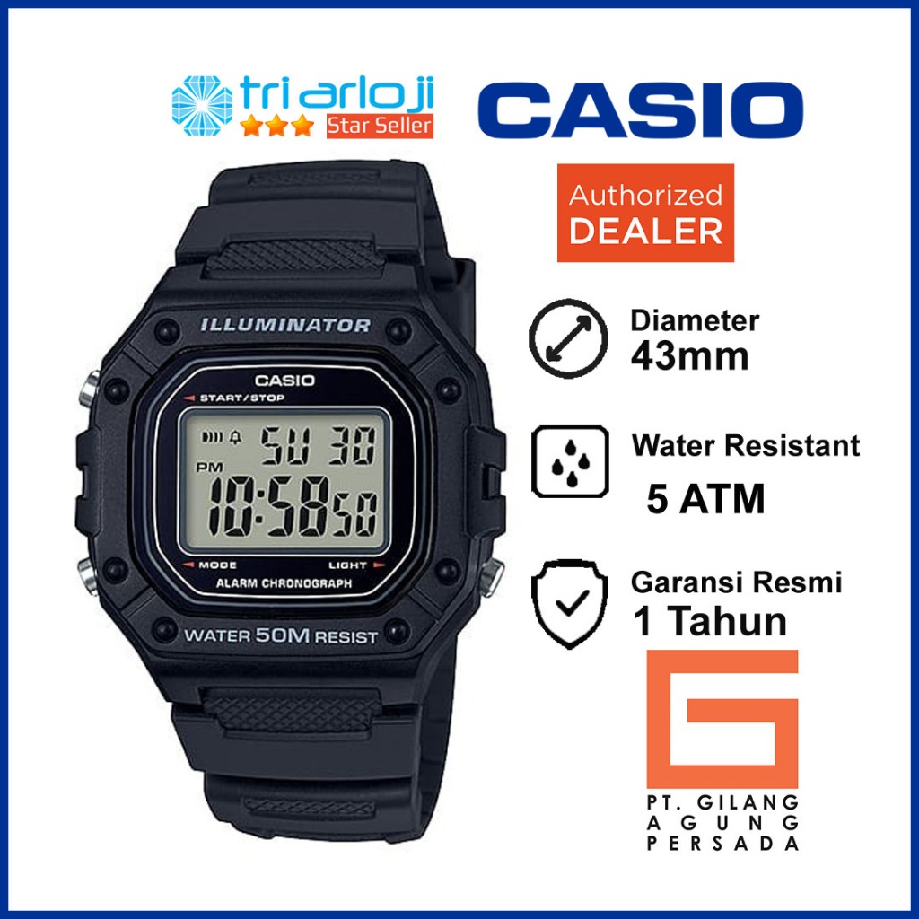CASIO W-218H-1AVDF Jam Tangan Digital Pria Karet Hitam W218H W-218H-1A