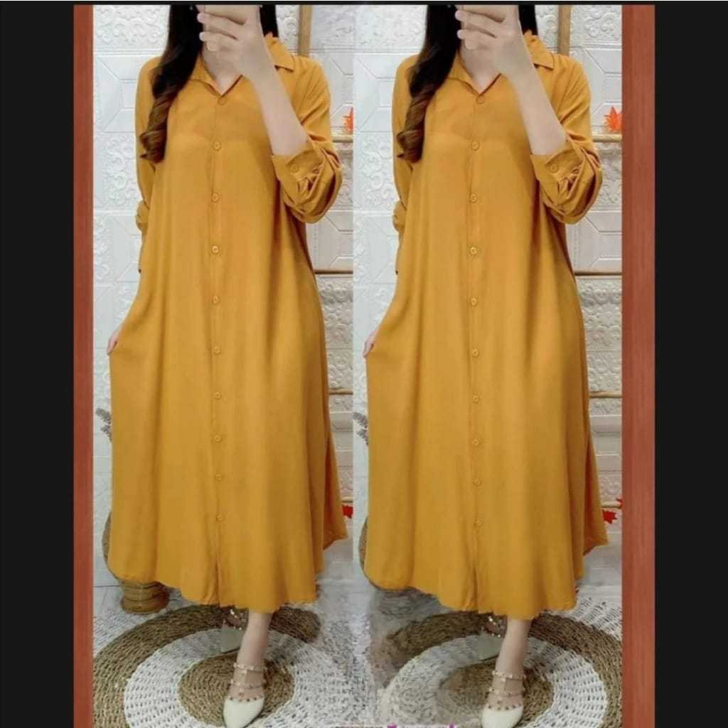 Dress Polos Katun Linen Rami Premium Pock Midi Dress Katun Linen Gamis Jumbo Wanita Terbaru