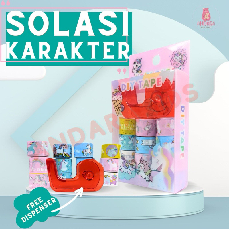 Washi Tape Unicorn Lucu Free Dispenser Mini Solasi Kertas Unicorn Lucu