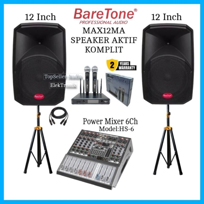 Paket Sound System Speaker Aktif BareTone Max12Ma Power Mixer 6Ch 2Mic Wirelles Komplit