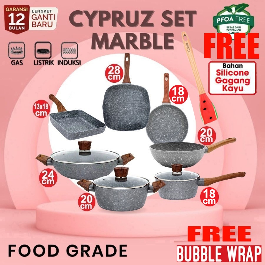 Cookware Cypruz Marble Set Wok Sauce Pan Frypan Cyprus 7 Pcs Panci Wajan Penggorengan Induksi