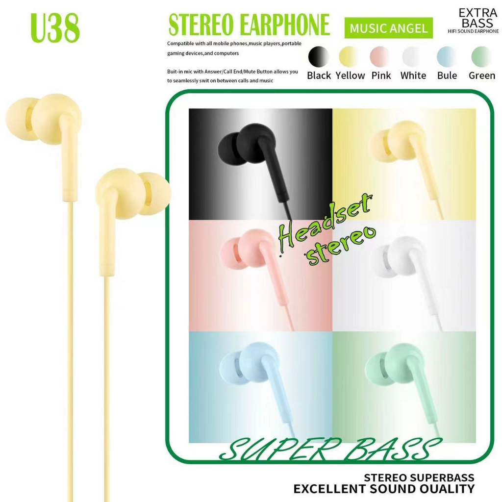 Handsfree Macaron u38 + Mic Headset Super Bass Extra Bass Earphone hf u38