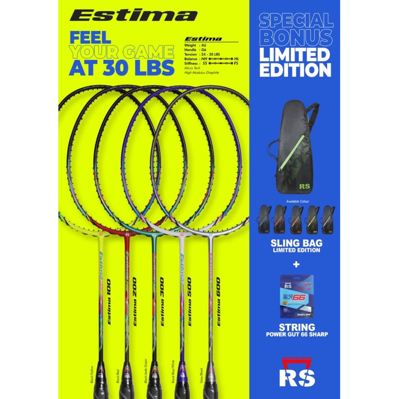 Raket Badminton RS Estima Feel 100 200 300 500 600 Limited Bag Original