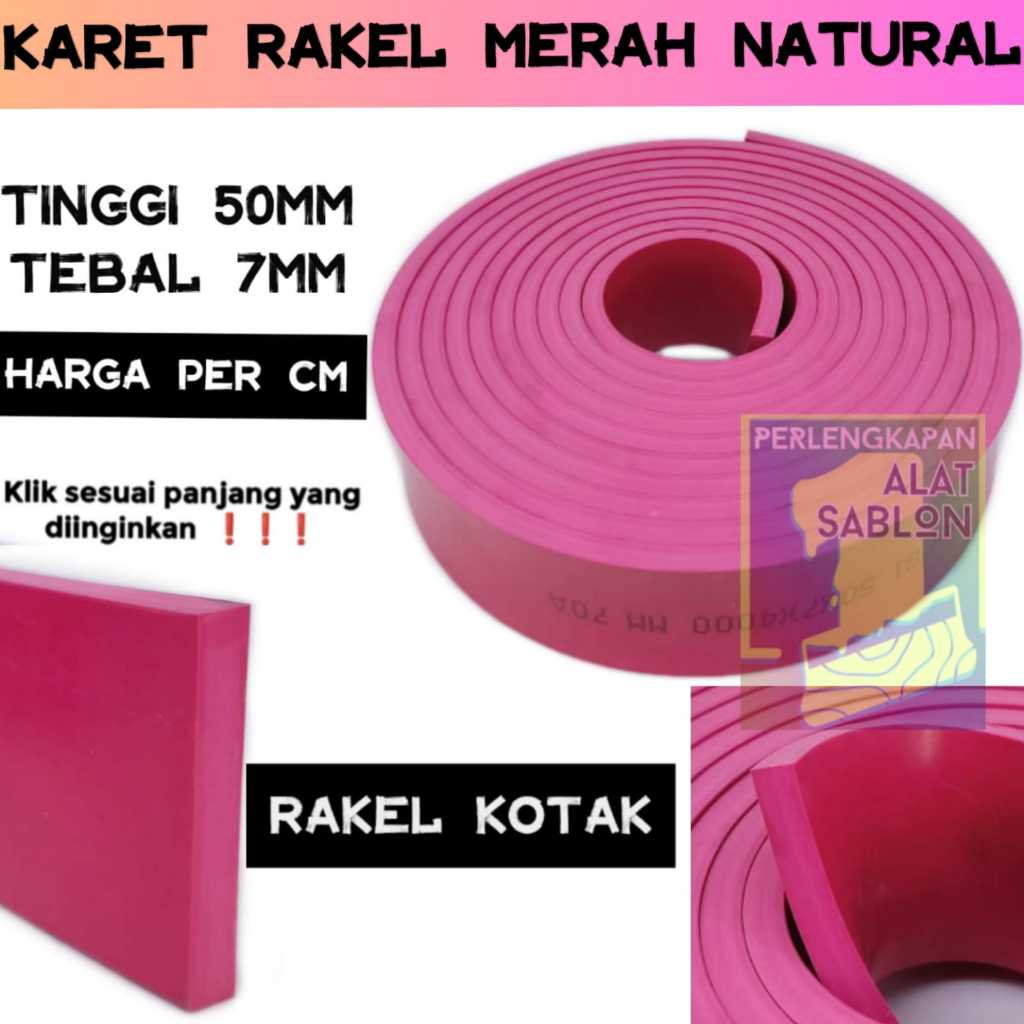 

KARET RAKEL SABLON MERAH NATURAL KOTAK 7MMX50MM PER CM