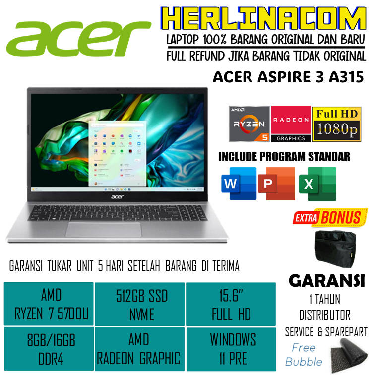Laptop Gaming Baru Murah Acer Aspire A315 AMD Ryzen 7 5700U 16GB 512GB 15.6 FHD WINDOWS 11