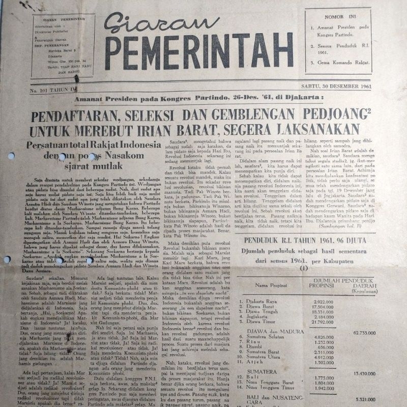 Surat Kabar Jaman Dulu SIARAN PEMERINTAH 30 Desember 1961
