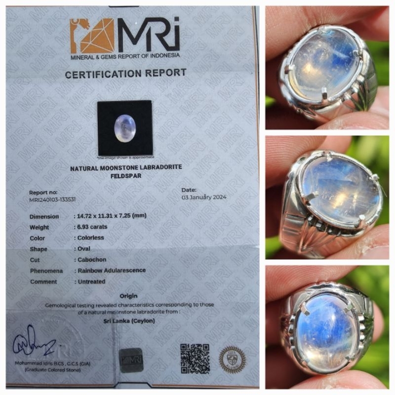 Natural Biduri Bulan Rainbow Moonstone Ceylon Sri Lanka Sertifikat 6.93 crt