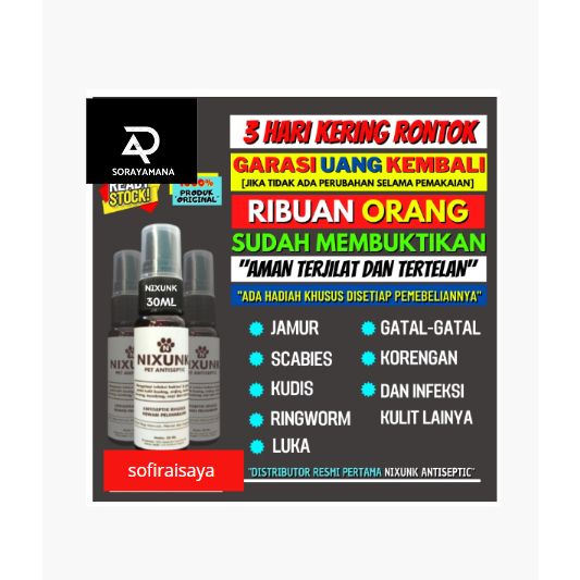 Obat Jamur Demodek Scabies Gatal Luka Kucing Anjing Kelinci Nixunk 30ML