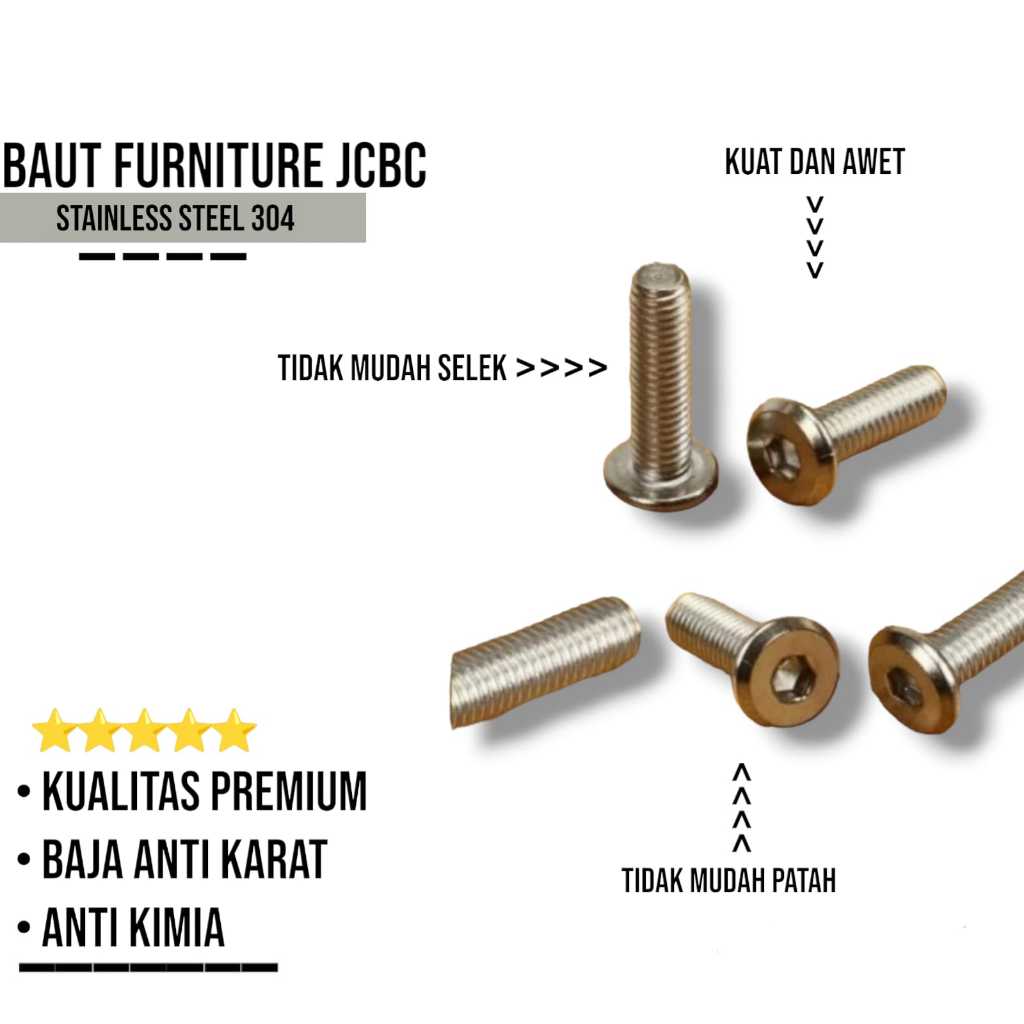 (1Pcs) Baut Furniture M5 x 50 / BAUT JCBC M5 x 50 / BAUT Furnitur 5 x 50 SS304 Baut L ANTI Karat