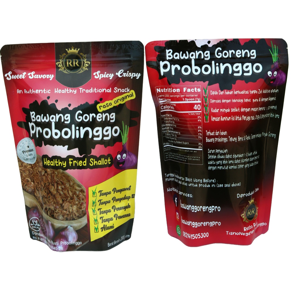 

bawang goreng probolinggo premium lezat beraroma sehat P-IRT Halal kemasan pouch aluminium foil