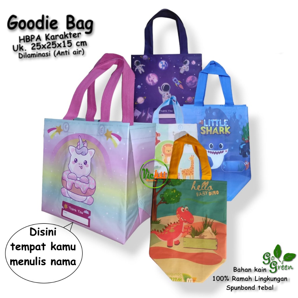 Goodie Bag Gambar Sablon Karakter Kartun Dinosaurus, Unicorn, Binatang, Little Shark Uk. 25x25x15 Un