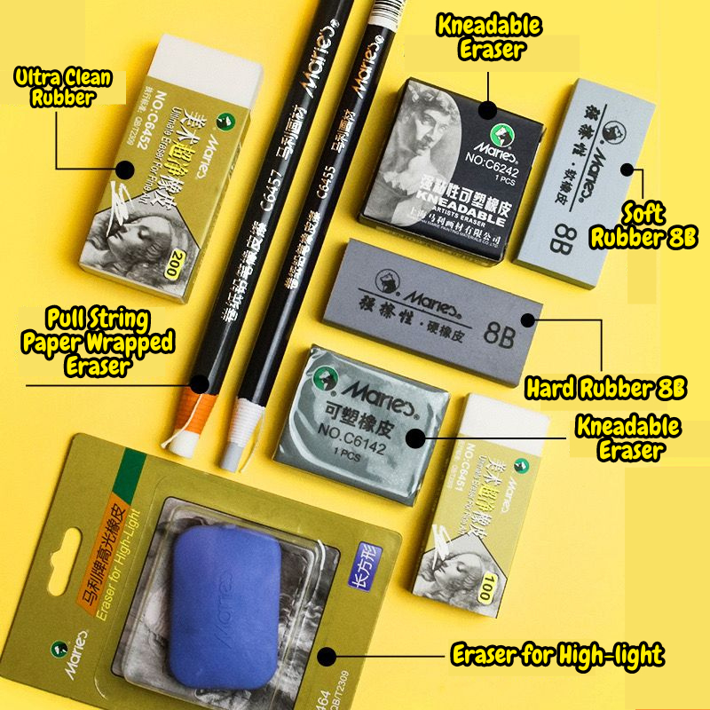 

Maries Eraser Series | Paper Wrapped Eraser | Kneadable Eraser | Rubber Eraser | Soft Eraser | Hard Eraser | Ultra Clean Rubber | Highlight Eraser | Penghapus Pensil