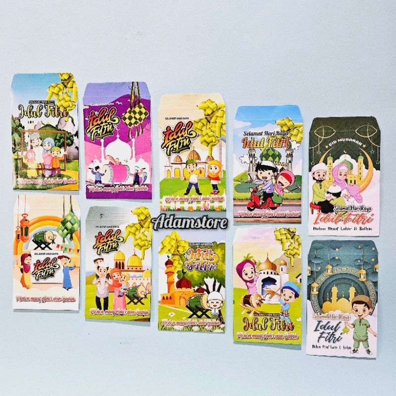 

amplop ampau lebaran kartun muslim anak serie L ( glosy) isi 100 lembar mix 10 gambar