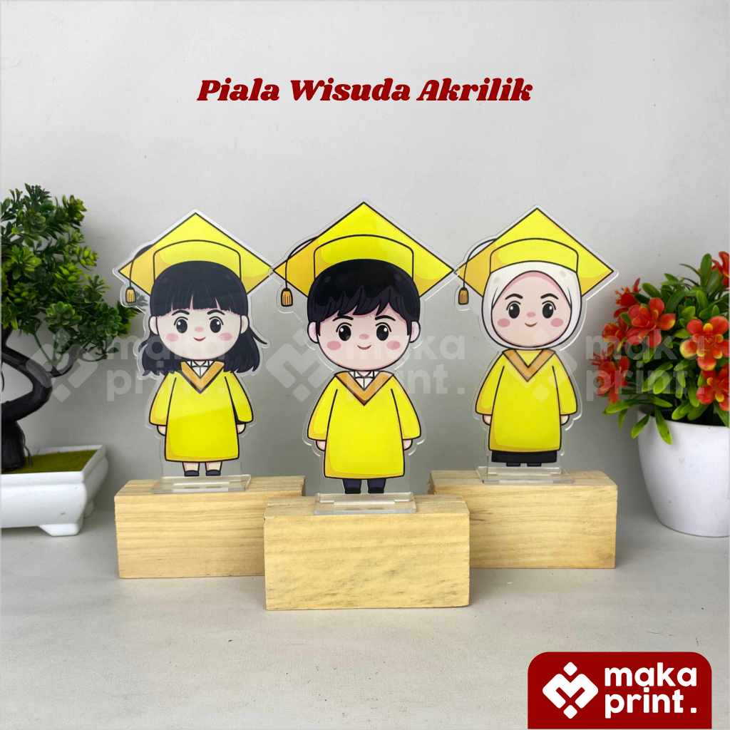 Piala Akrilik Wisuda (Kuning) 3mm Print UV Tatakan Kayu Free Stiker Nama - Piala Wisuda Almamater Ku