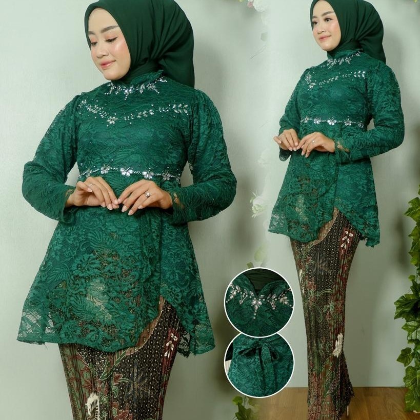 Setelan Kebaya Brokat Wisuda/Kebaya Brokat Widuda/Kebaya Modern/Atasan - Hijau Botol