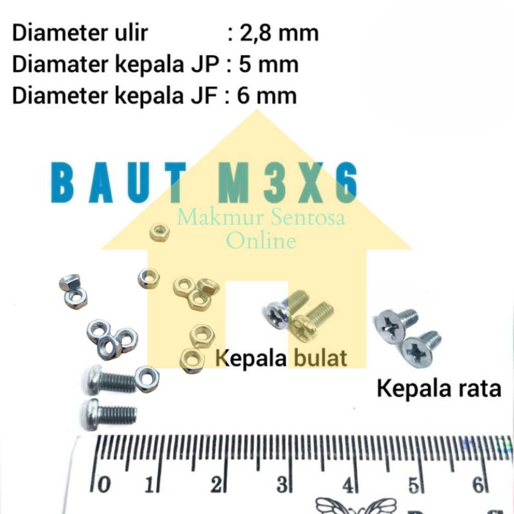 Baut Mur M3 x 6 kepala bulat atau kepala rata baut elektronika JF rata JP Bulat