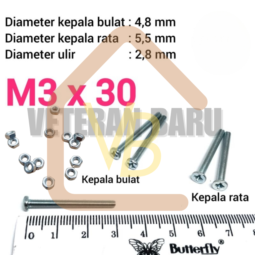 Baut Mur M3 x 30 PUTIH kepala bulat dan kepala rata baut elektronik power 3 cm