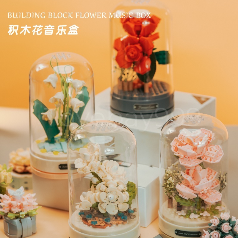 【 Clearance Sale】Blok Bangunan Kotak Musik Bunga/Blok Bangunan DIY Kotak Blok Bangunan Musik/Mainan 