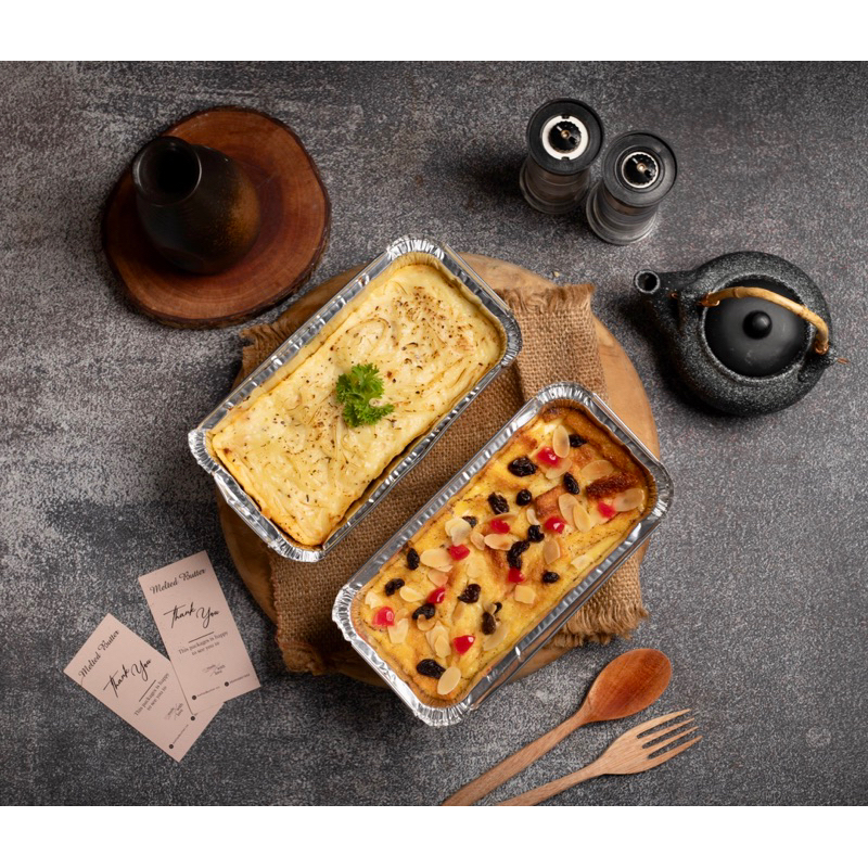

sweet savory box isi spaghetti brulee dan bread butter pudding / pudding roti / hampers makanan
