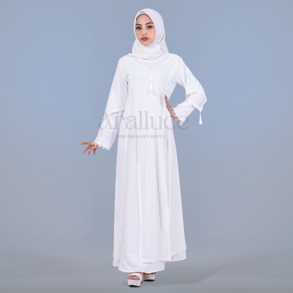 Official Aralluce Baju Gamis Putih Wanita Kekinian Arl 019 - Dress Abaya Warna Putih Terbaru Mewah