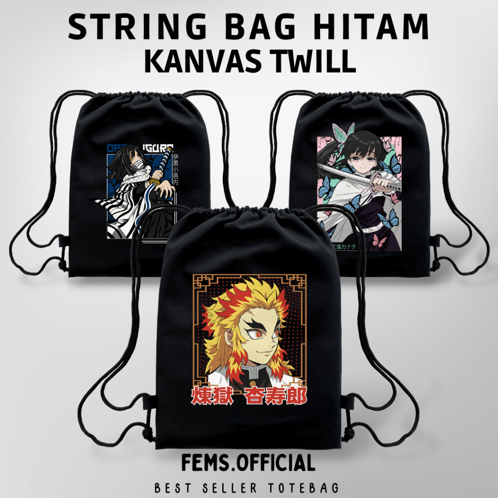 Tas Serut Demon Slayer String Bag Anime Kanvas Twill Hitam Tebal