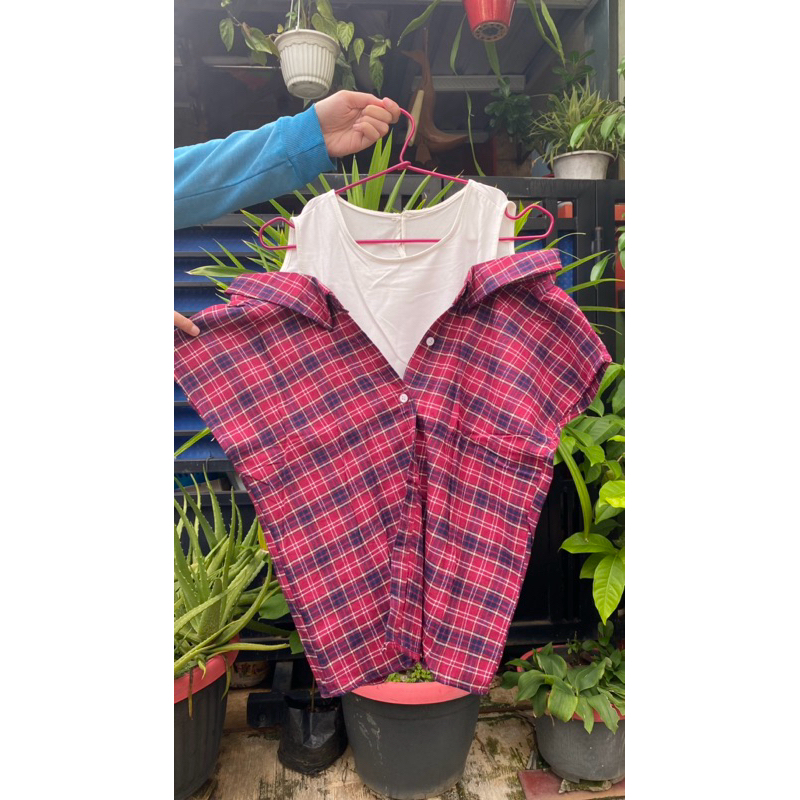 kemeja flanel pendek wanita inner putih