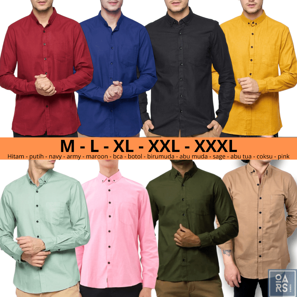 Kemeja Pria Polos Lengan Panjang Hem Polos Casual Slimfit Jumbo Katun Kemeja Polos Warna Hitam Maroo