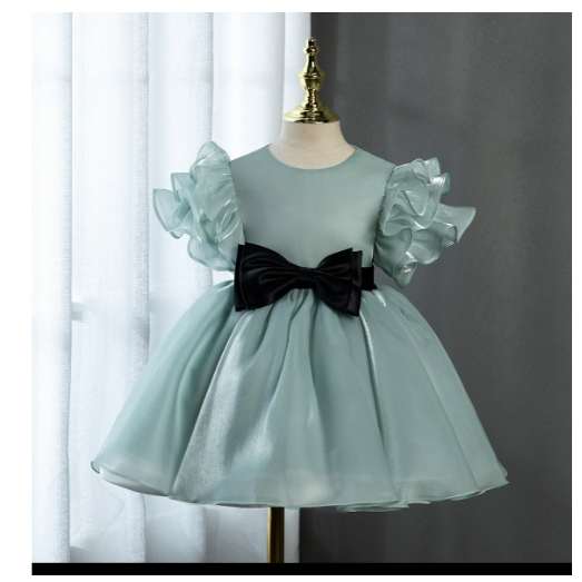 Dress pesta hijau anak berkilau pita hitam gaun import kakak adik shimmer