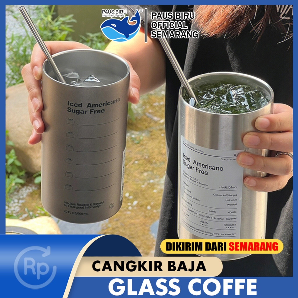 	 Paus- Biru Es Kopi Mug Stainless Steel / Cangkir Tumbler Kopi Stainless / 600ml-320ml Tahan Karat Es Kopi Amerika /Mug Botol Air Dua Lapis Pendingin /Cangkir Jerami dengan Tutup/Cangkir Termos Portabel /Cangkir Kopi Baja Tahan Karat 304 / Free sedota	