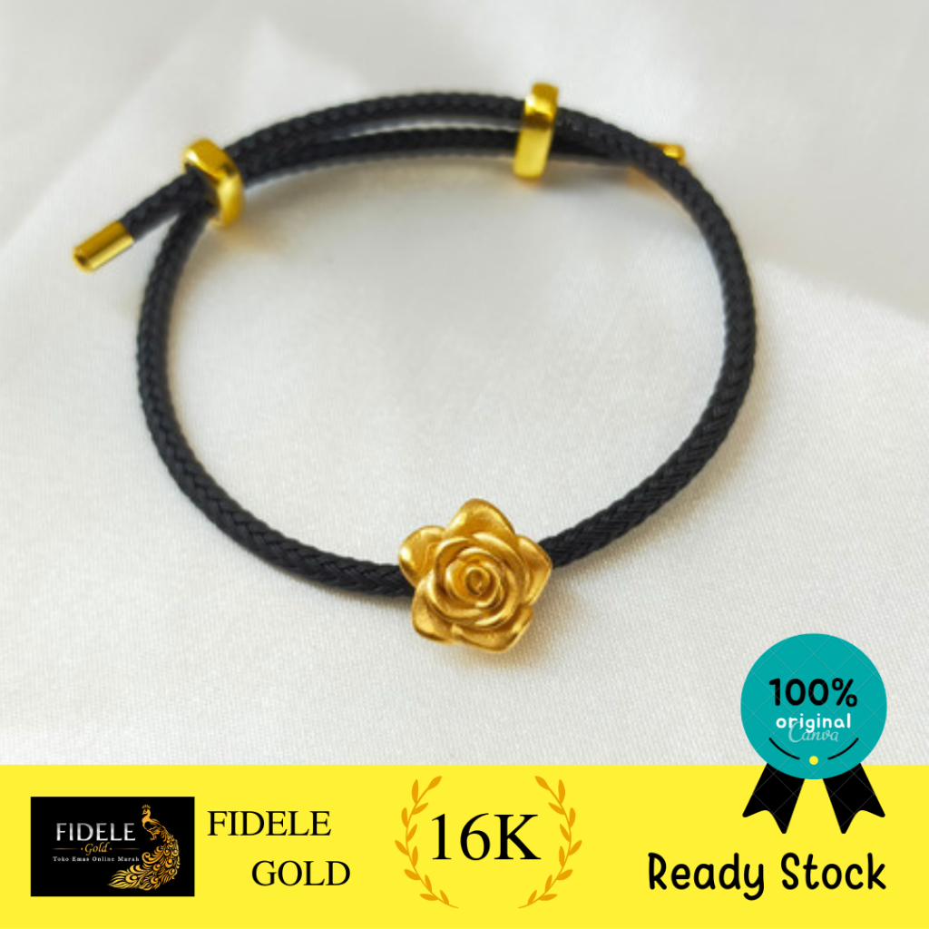 Gelang tali variasi emas asli bunga mawar besar model Hongkong