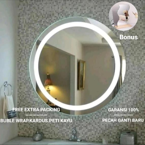 Cermin Aesthetic LED Bulat Kaca dinding Wastafel Lampu  Aesthetic Kaca 3mm-Cermin Custome-cermin LED
