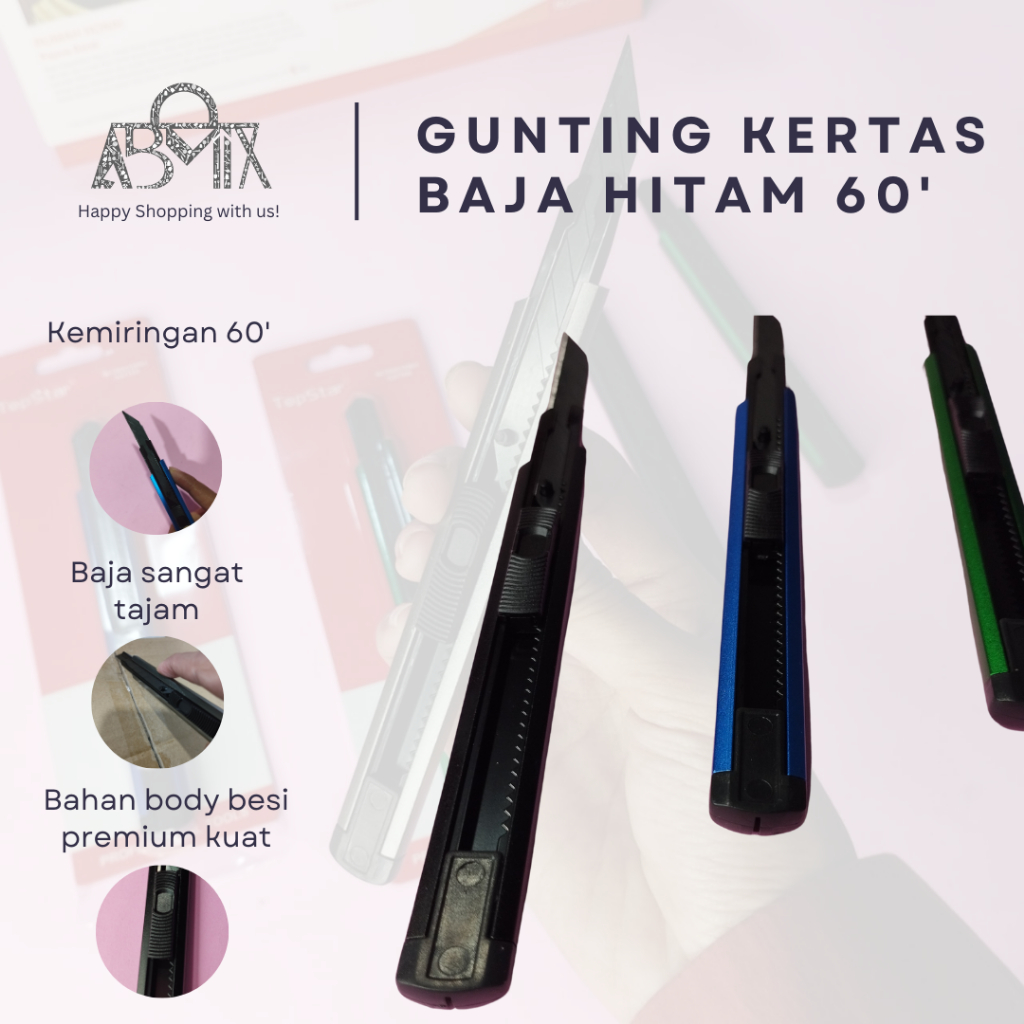 

ABMIX Cutter Pisau Pemotong Kertas Kulit Baja Hitam Stainless Awet Tajam Multifungsi