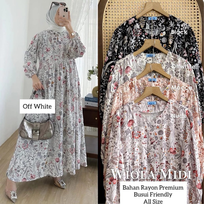 MIDI DRESS WANITA RAYON  / GAMIS RAYON ADEM BUMIL BUSUI FRIENDLY JUMBO-Wiola Off White
