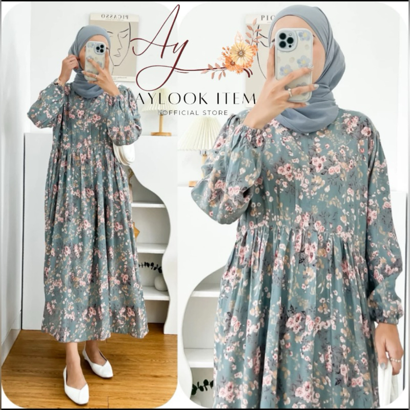 MIDI DRESS WANITA RAYON  / GAMIS RAYON ADEM BUMIL BUSUI FRIENDLY JUMBO-Kalana Hijau