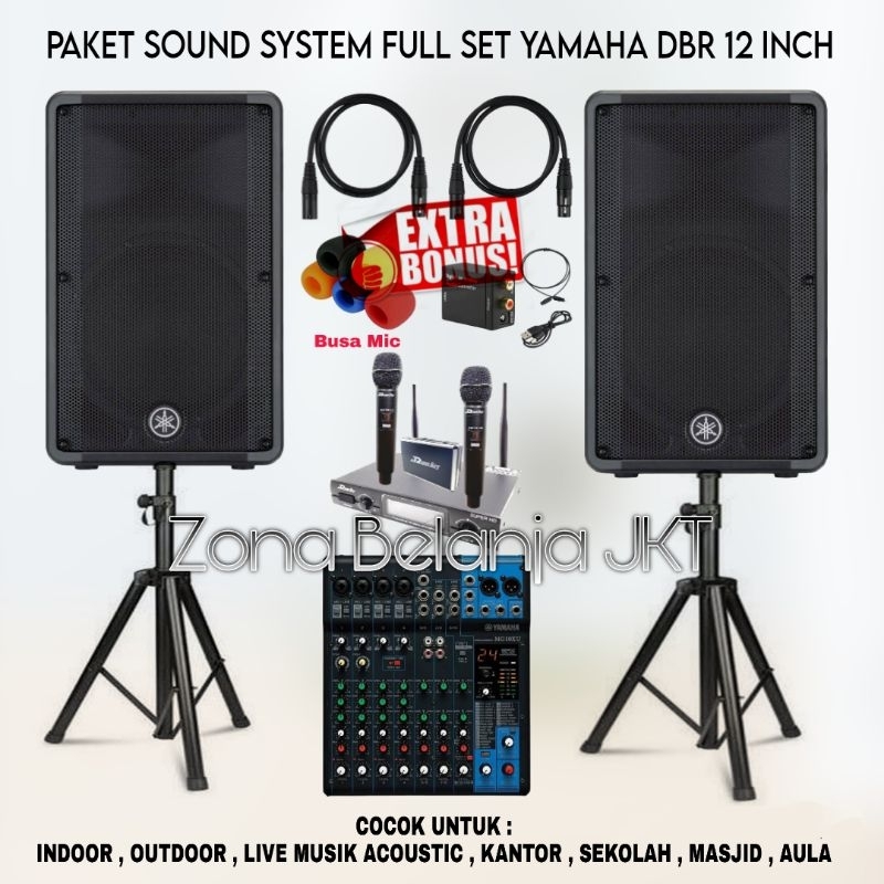 PAKET SOUND SYSTEM INDOOR OUTDOOR FULL SET SPEAKER YAMAHA DBR 12 INCH AKTIF MIXER YAMAHA 10 CHANNEL 