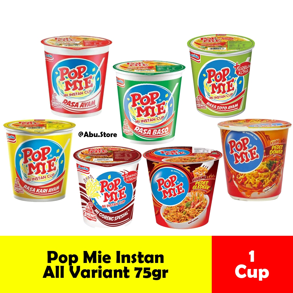 

Pop mie instan cup All Variant rasa Ayam / Bakso / Goreng Spesial / Kari Ayam / Pedas Dower / Soto Ayam