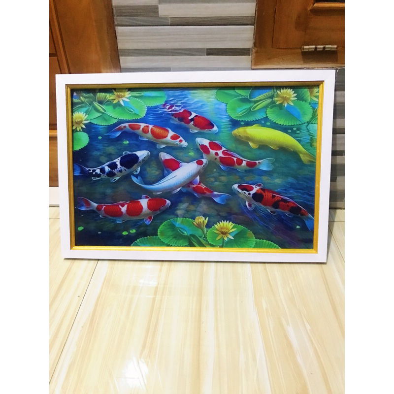 lukisan cetak gambar ikan Koi fengshui plus bingkai
