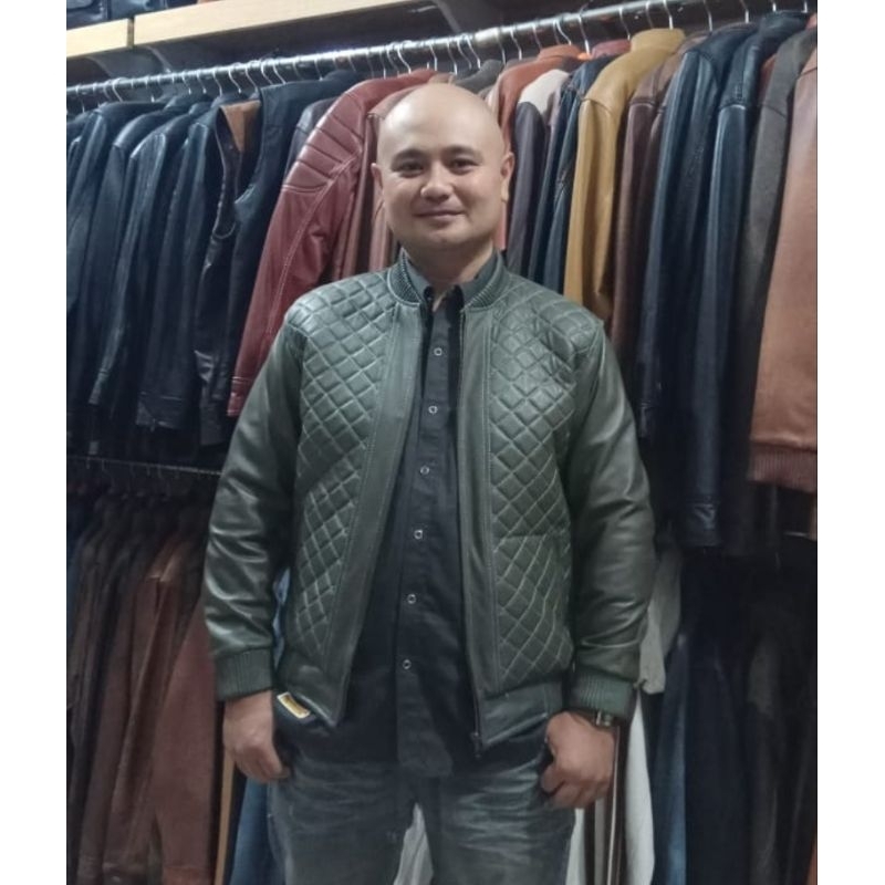 Jaket Bomber Army Kulit Domba Asli Kwalitas Super Premium Green Army Leather Jacket