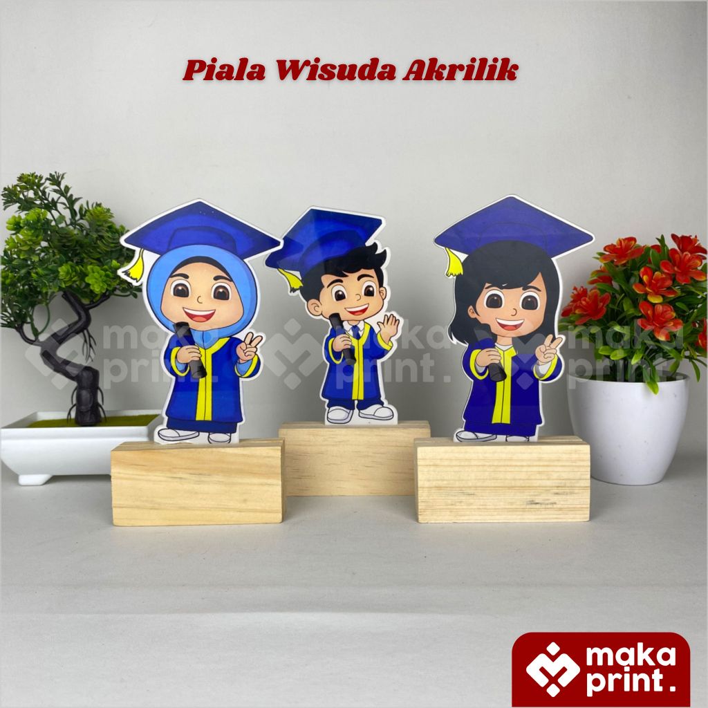 Piala Wisuda Akrilik (Hijab Biru) Tatakan Kayu Free Stiker Nama - Piala Wisuda Almamater Biru Kampus