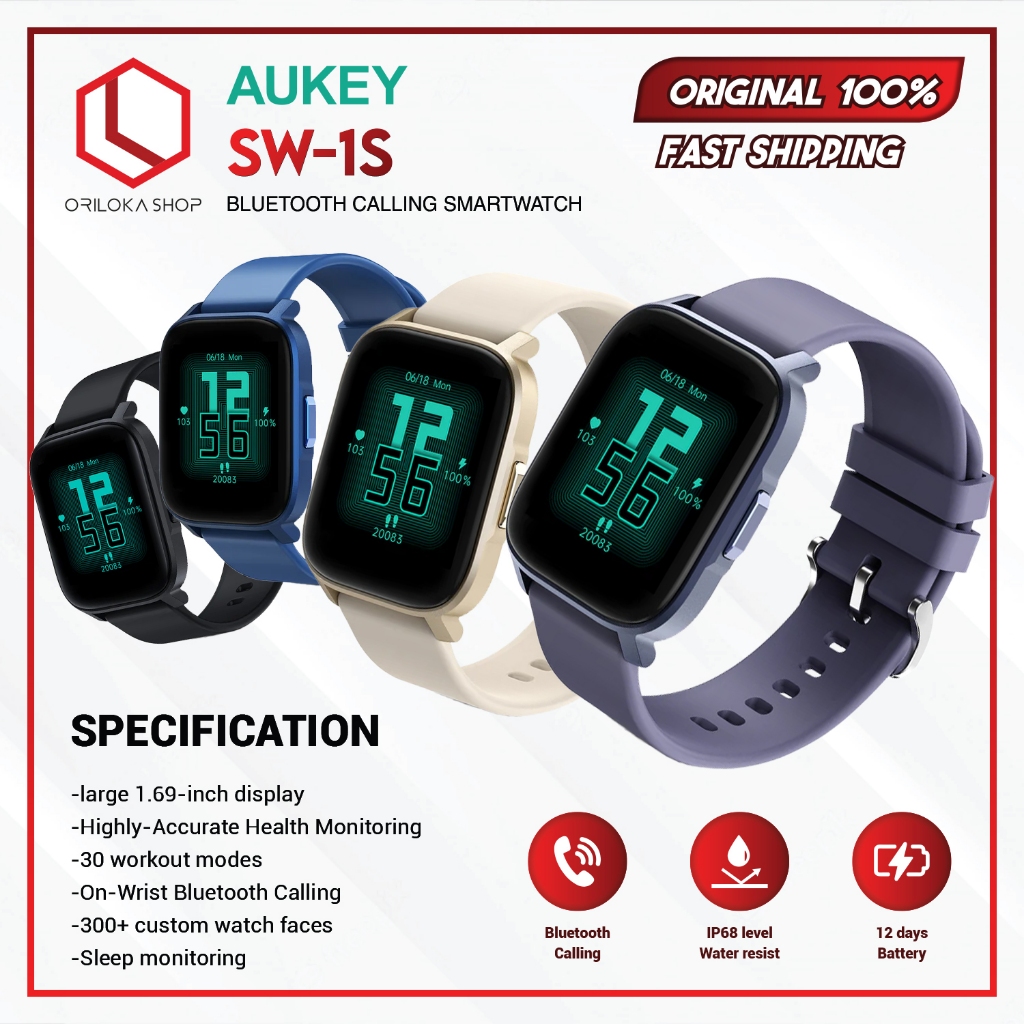 Aukey Smartwatch Aukey SW-1S With Bluetooth Calls &amp; Health Monitor IP68
