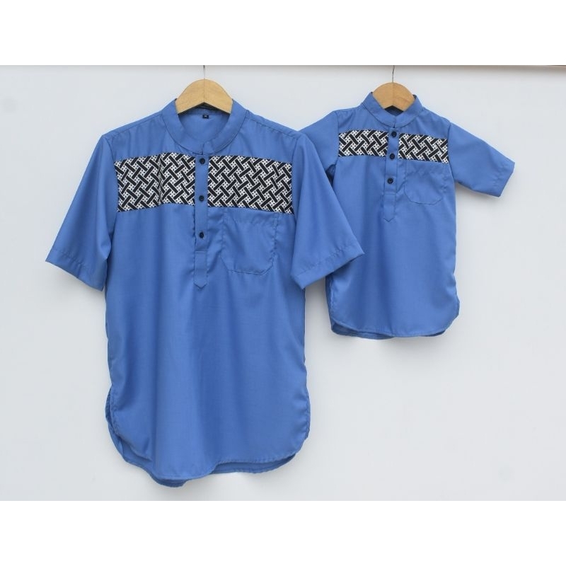 Baju Koko Kurta Couple Dewasa Lengan Pendek Warna Biru Denim