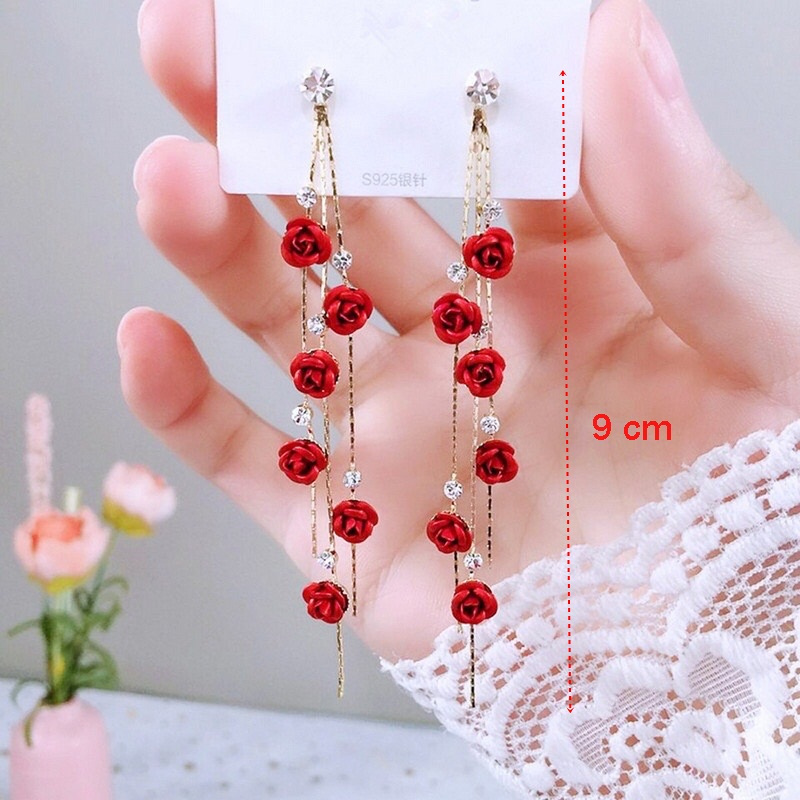 Anting Bunga Merah Panjang Rumbai Anting Pesta AT380