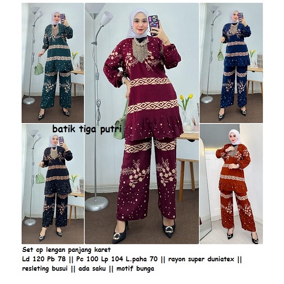 setelan cp tunik jumbo renda ori lengan panjang Ld 120 batik baju celana motif variasi panjang atasa