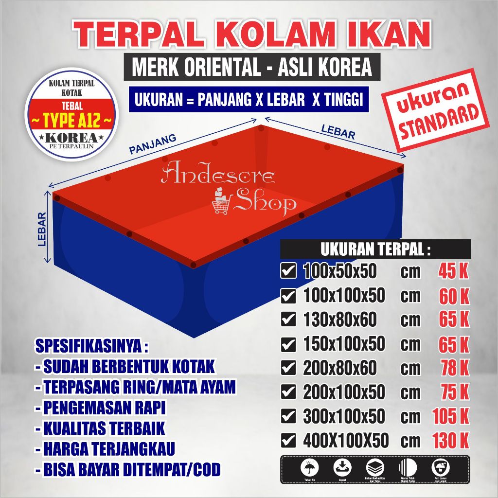 Kolam Terpal Ikan TAMBAK Type/Ketebalan A12 (UKURAN STANDAR) ASLI Korea Terpal Kolam Ikan Kotak Terp